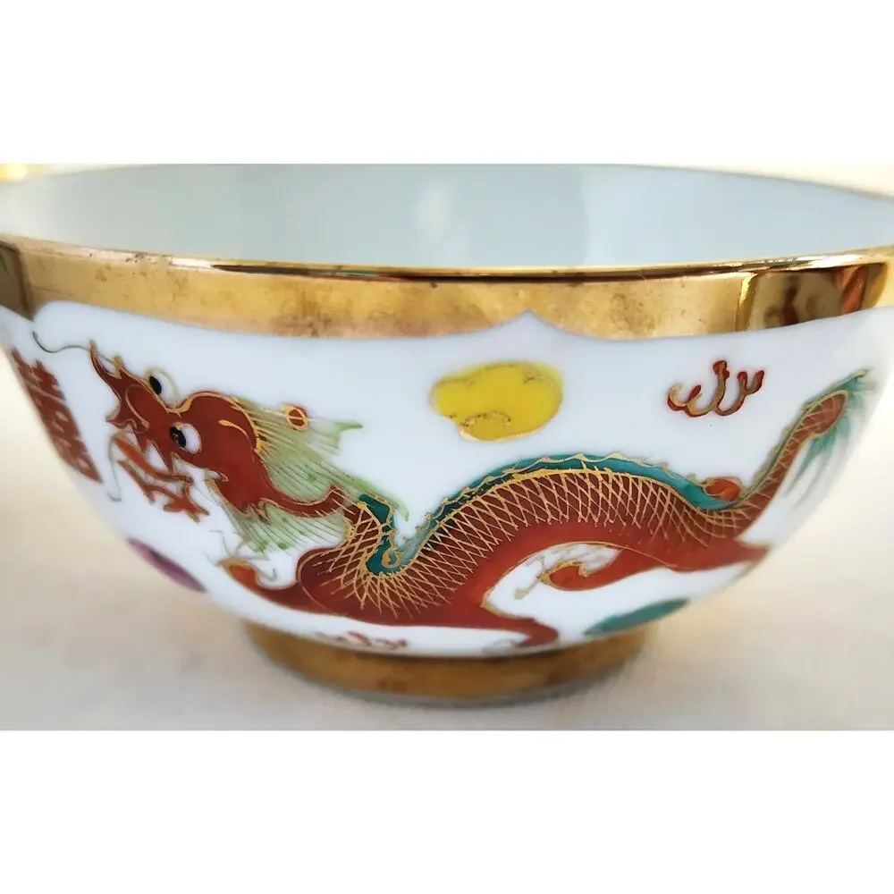 Bowls-Rice/Noodle-Chinese Theme-Spoons-Vintage-Gold Trim-Phoenix & Dragon-Set 2 - Picture 3 of 14